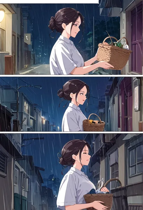   ""Anime style, a mother Andreia walking alone in a dark, empty alley off João Street, holding a basket with a hidden baby beneath white clothes. Her expression shows deep sadness, head lowered, in heavy rain at night. Her husband, visible in the backgrou...