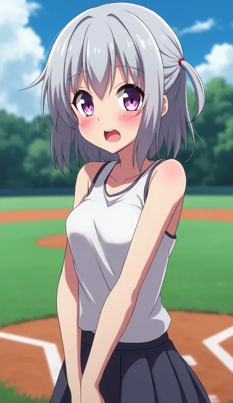  high definition 、 animation style 、Gray Hair 、 purple eyes、 girl、  College Student  、((( pee をしている)))、( Im embarrassed )、 Im on the baseball field、((Peeingをしている))、blush、 surprised、(( pee ))、 erotic anime、Peeing、