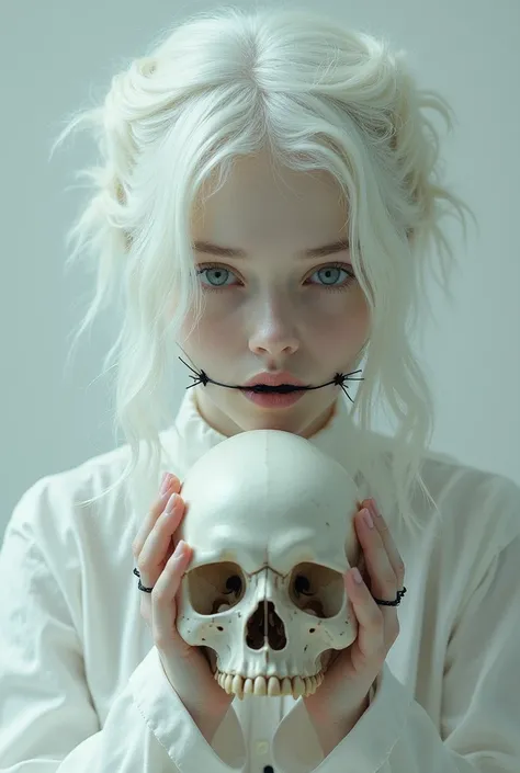  The girl is holding a skull in her hands .  Her lips are sewn with black threads .  There is white straw on her head ,  like shes “white gothic”, when everything is white .  Its like Ray Caesar .