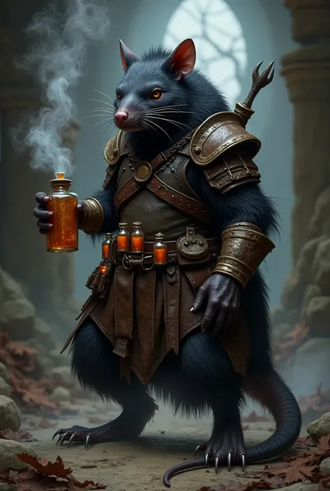 Dark Fantasy ART. A ratfolk (ampotromorphic biped rat, like a human With black fur) Wearing a leather armor and possessing a belt With variuos potions, in one of your hand had a smoking potion