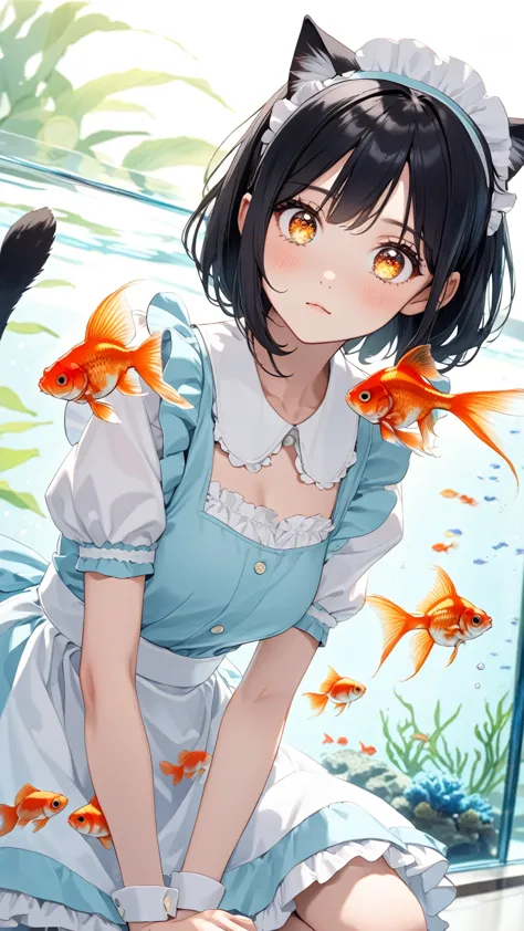 Black hair, cat ears, cat tail, light blue maid outfit, aquarium, goldfish, sparkling eyes, girl gazing at aquarium