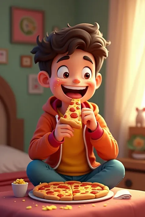 Happy teenager eating pizza alone (animation image)