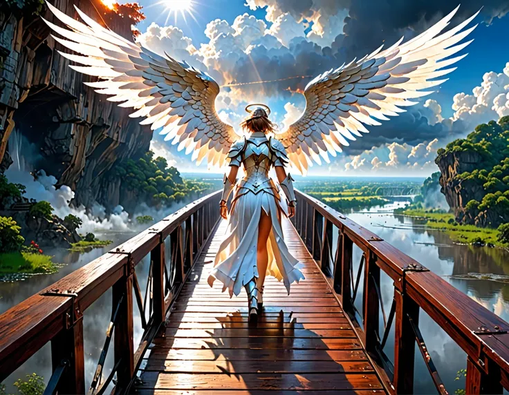 a picture ((a view from the side)), of  a wooden bridge (best details, masterwork: 1.5), between ((hell)) and ((heaven)), from one side of the bridge  celestial calm, heavenly clouds from the other side of the bridge, inferno of hell and fire, there is a r...