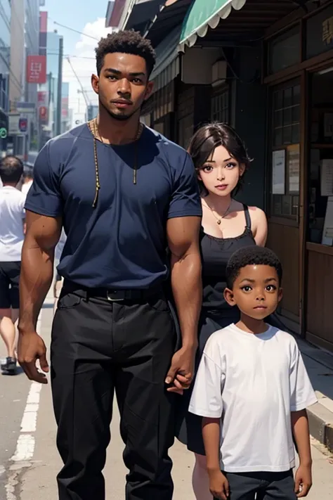 A woman in her 40s and a black African boy with a strong teenage body。The boy stands right behind the woman 、Holding shoulders。living。facing viewer