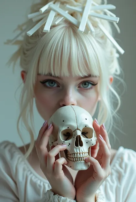 The girl with a skull in her hands .  Her lips are sewn with black threads ,  and her hair is decorated with white straw .  She looks like a “white gothic” character,  style where white dominates other colors .  This look is reminiscent of Ray Caesars .