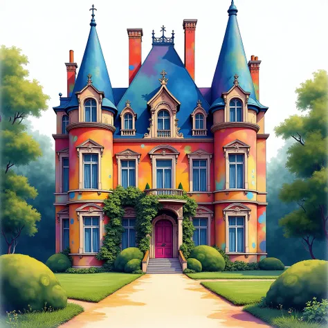 ((Watercolor image of a lavish French chateau rendered completely covered in random splashes of color)), ((realistic and detailed)), ((vibrant colors)), ((extreme realism and detail)), ((aura of peace and tranquility)), the scene is imbued with a surreal i...