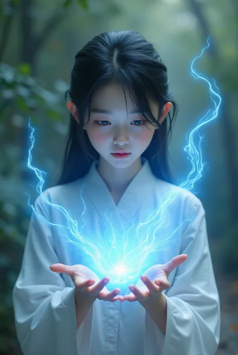 little korean girl, with pale skin, using telekinesis and energy power blue