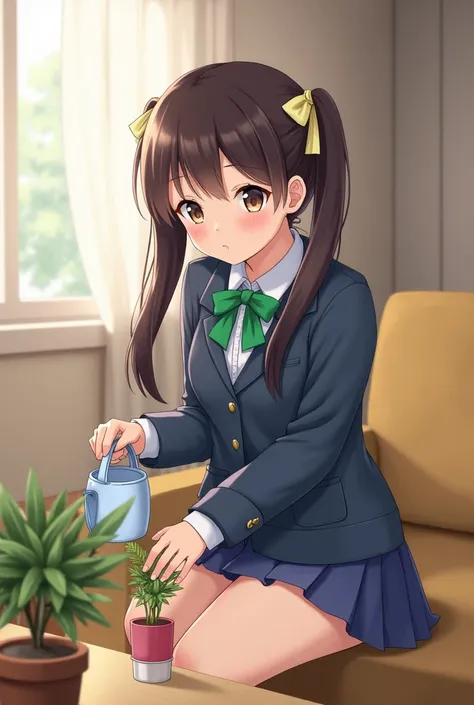 teenage girl with long dark brown hair in a pig tails wearing a ribbon in her hair, watering a small plant in the living room, wearing a school uniform that has a green ribbon in the neck, and a blue coat, and blue skirt