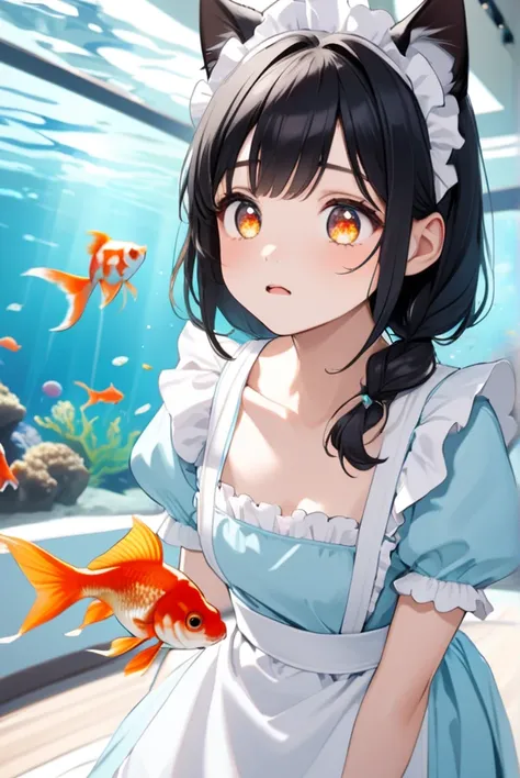 Black hair, cat ears, cat tail, light blue maid outfit, aquarium, goldfish, sparkling eyes, girl gazing at aquarium