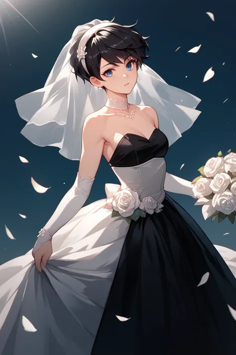  1woman, blue eyes, short black pixie style hair, black dress, white headband,Black hair,Anime style,White wedding dress,