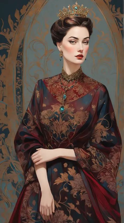 
a dreamy and captivating illustration of an elegant queen using chiaroscuro techniques. The queen should have short hair without bangs, and her beautiful eyes should draw the viewer in. She is adorned in a luxurious silk dress, rendered in soft yet deep p...