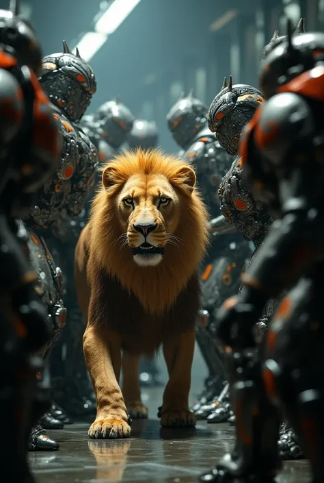  Please make me a picture of a dashing lion mingling with Transformers, with realistic style  