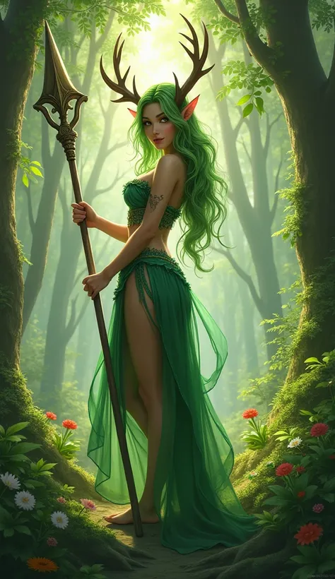 Green-haired elf girl with deer horns and standard green eyes breasts in an enchanted forest with a spear in her hand