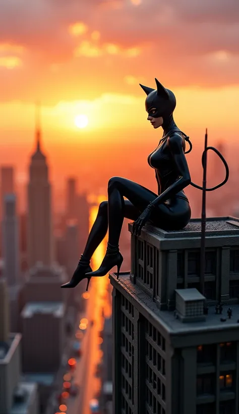 A small figurine of a catwoman sitting on top of the skyscraper, gazing at the streets buzy with traffic and tiny people lurking. The background features amazing sunset, a warm color tone, macro photography, and a miniature city model. Soft lighting create...