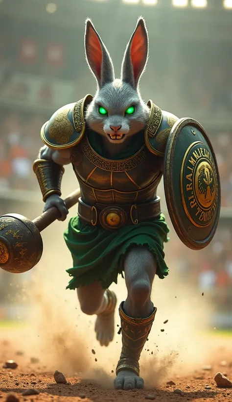 The humanoid Rabbit of América Mineiro, with an ash-gray muscular body and glowing green eyes, charges forward through the combat arena. His green and black gladiator armor, accented with golden details, gleams under the bright sunlight. In his right hand,...