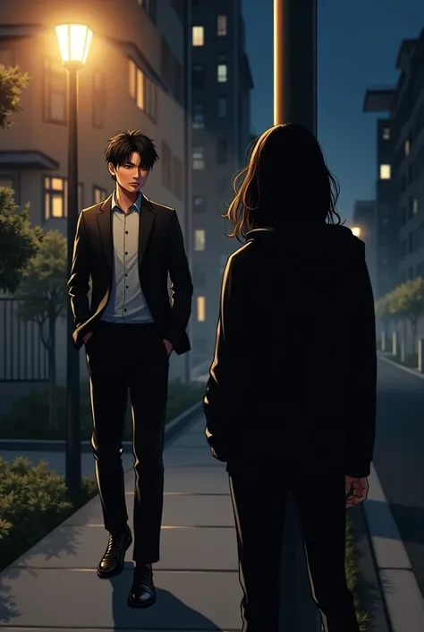 A manhwa-style scene of nighttime scene of an upscale neighborhood in Seoul, a Korean idol Mingyu stepping out of his apartment building with his manager. Mingyu is dressed in a sleek and stylish K-pop idol outfit, smiling as he walks. A korean suspicious ...