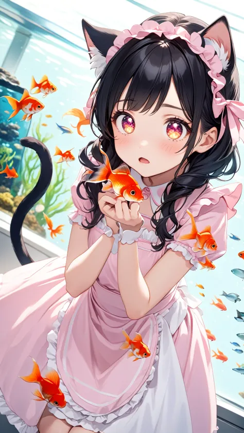 Black hair, cat ears, cat tail, pink maid outfit, aquarium, goldfish, sparkling eyes, girl gazing at aquarium