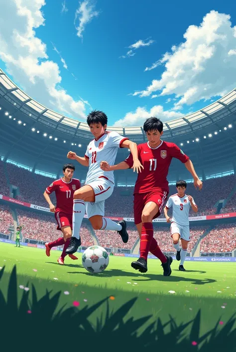 Indonesia vs japan .  Konoha derby at football stadium full color red and white anime style picture