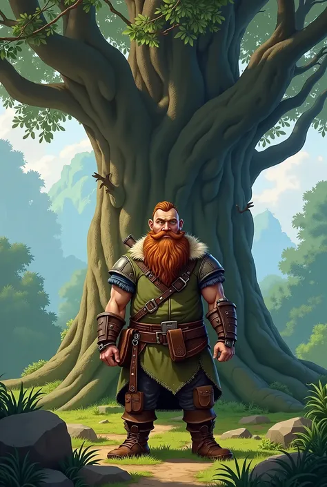 Draw 1 illustration of a bearded dwarf standing upright and behind him a large tree