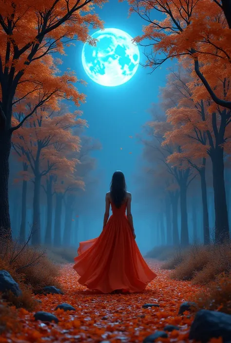 (photorealism:1.2), a beautiful orange trees forest in blue full moon night and a beautiful girl in long red dress walking in middle ground is covered with orange leaves