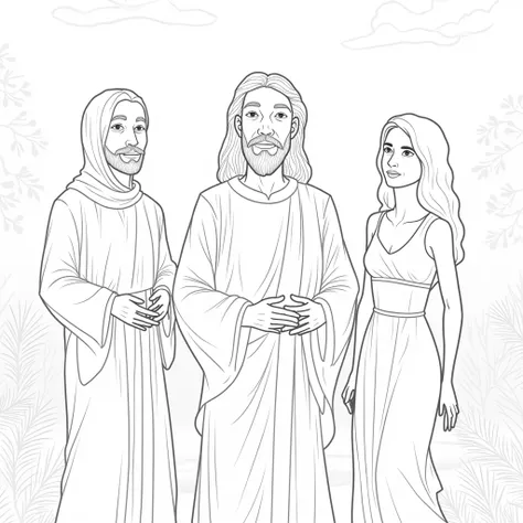 Realistic caricature without color , Only the outlines of Jesus keeping the Sabbath with Adam and Eve.