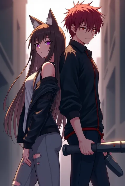  Create an anime-style picture of a demi girl and a big good-looking boy standing back to back with their heads backwards and a weapon Have in hand, The girl has long dark brown hair with light brown strands with wolf ears and a white top with a leather ja...