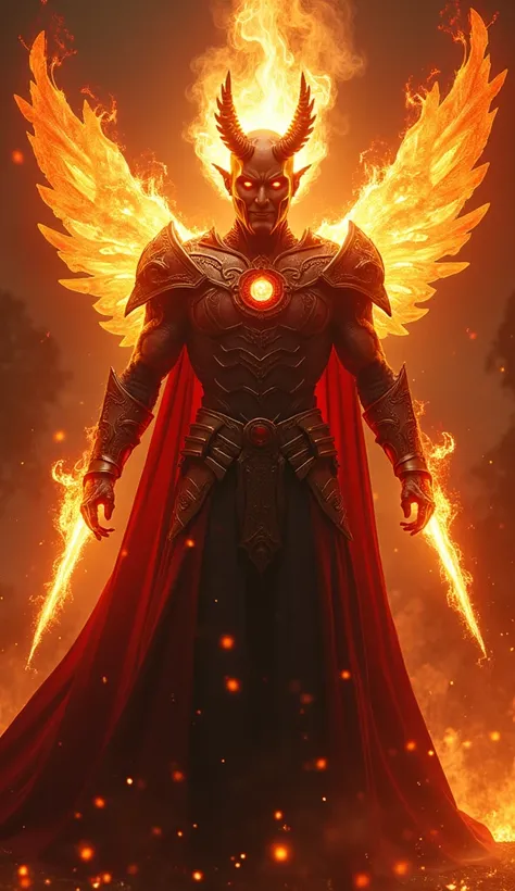   In a super hyper mega-realistic representation in 8K ,  the Prince of Hell emerges with an aura of terror and mystery ,  wearing heavenly armor that radiates flames and divine light . His eyes shine with fiery flames ,  conveying a sense of power and mal...