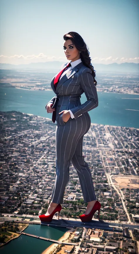 A sophisticated and stylish wowan in a grey pinstriped trouser suit, white shirt, and a large wide blue necktie with a really large windsor knot, with a beautiful, curvaceous figure, massive breasts, and long hair, with a curvaceous figure and massive brea...