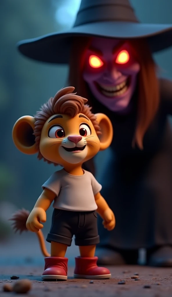 3D animation a cute baby lion cub,  medium size brown funcky hair a black shorts and white t-shirt. Red boot, night images.  A close-up of the witchs glowing red eyes and sinister smile as lion trembles in fear.
