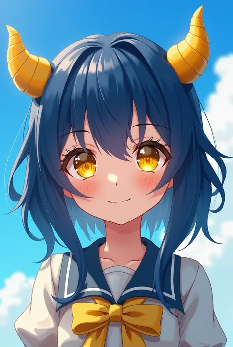 A  girl has navy blue hair and yellow hair,Blue이며 눈색은 노랑,Blue, sky. Theyre cute, but they have eyelashes, so theyre pretty, but theyre close to cute. They have long hair, and theyre tied up with two legs(Earwig Anime )