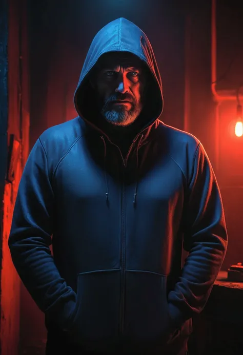 A middle-aged man with a rugged beard wearing a dark hoodie jacket, with the hood covering his eyes, standing in a dark and eerie environment. The background is ominously dark with subtle glowing elements, such as dim blue and red lights, creating a chilli...