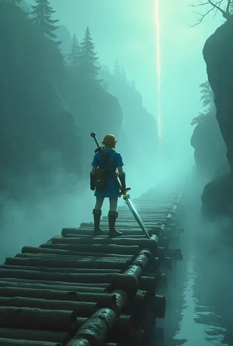 Im hanging a log bridge 、Foggy Bridge 、legend of zelda series、 Breath of the Wild 、 Link standing with his back 、 holding a shining Master Sword