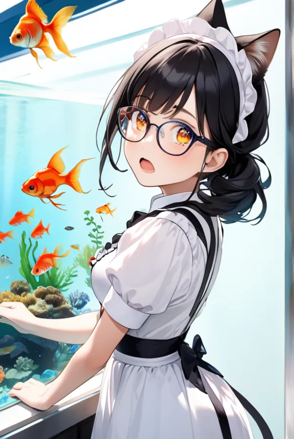 Black hair, glasses, cat ears, cat tail, maid outfit, aquarium, goldfish, sparkling eyes, girl gazing at aquarium