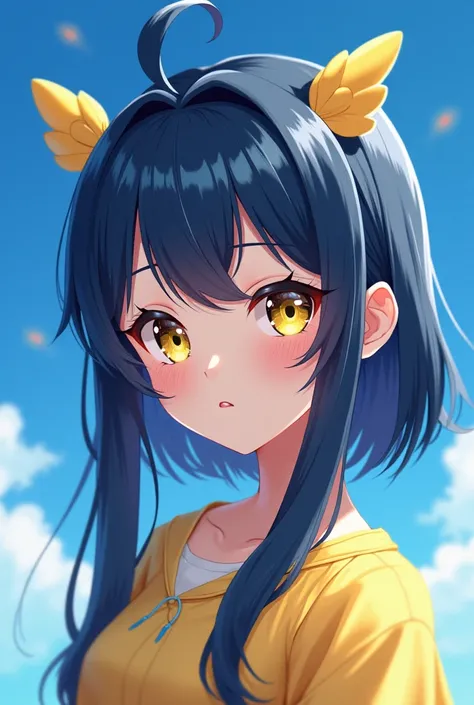 A  girl has navy blue hair and yellow hair,Blue이며 눈색은 노랑,Blue, sky. Theyre cute, but they have eyelashes, so theyre pretty, but theyre close to cute. They have long hair, and theyre tied up with two legs(Earwig Anime )