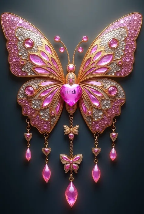  This image shows a very beautiful and intricate jewelry , butterfly-shaped .  This butterfly has symmetrical wings decorated with various sizes of gemstones ,  especially pink and clear ,  creates a shimmering effect .  The middle body of the butterfly se...