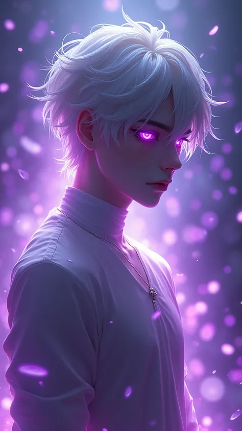 (Beautiful) ((handsome)), boy, white or silver hair, purple glowing eyes, ((ultra-detailed)), (masterpiece), ((purple aura leaking from his body)), ((perfect)), ((perfect body)), ((well design)), ((purple aura)), Beautiful, sharp focus, character focus, ri...