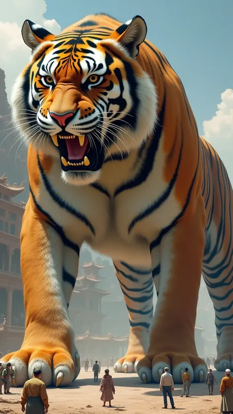  low angle side view 。 The tigers huge claws are placed steadily on the ground 。 This tiger is huge ， far higher than the surrounding environment ， strong muscle body 。 It has rich facial expressions ， sharp and strong ，Shows sharp teeth，Make a low roar。 t...