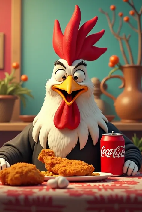 A rooster eating fried chicken with a Coca-Cola next to it that shows Arto Pollo and I want it to be better animated if it is sitting at a table
Let it be a more animated rooster like a cartoon like the pinto rooster