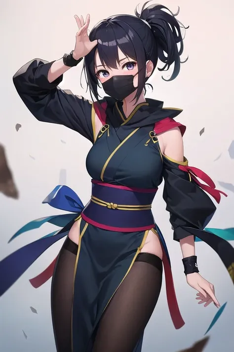 ((best quality)), ((masterpiece)), (detailed),1girl。blue-black hair ponytail。Ninja。Masked。Hold up a shuriken。