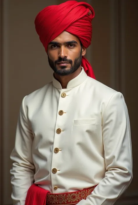 "A handsome young Rajasthani man in traditional attire, wearing a white kurta and dhoti with a vibrant red turban.