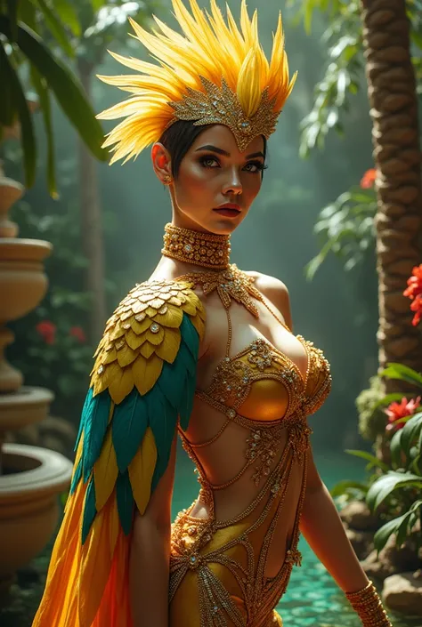 Sexy woman dressed as a cockatoo in a beautiful tropical garden adorned with gold and diamonds 