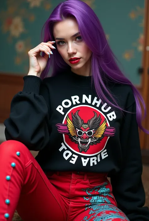 A white woman with long loose purple hair with a sweater in unique colors that say pornhub full body pose of a half woman sitting in red denim pants with a dragon printed on one side with cyan studs 