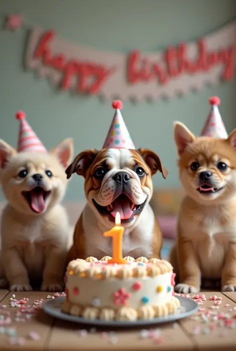 A bulldog puppy is very happy in front of the birthday cake, the cake is beautiful, big and tasty with a birthday candle with the number "1", the animal is happy looking forward with a big smile on his face, while he is surrounded by kittens and dogs with ...