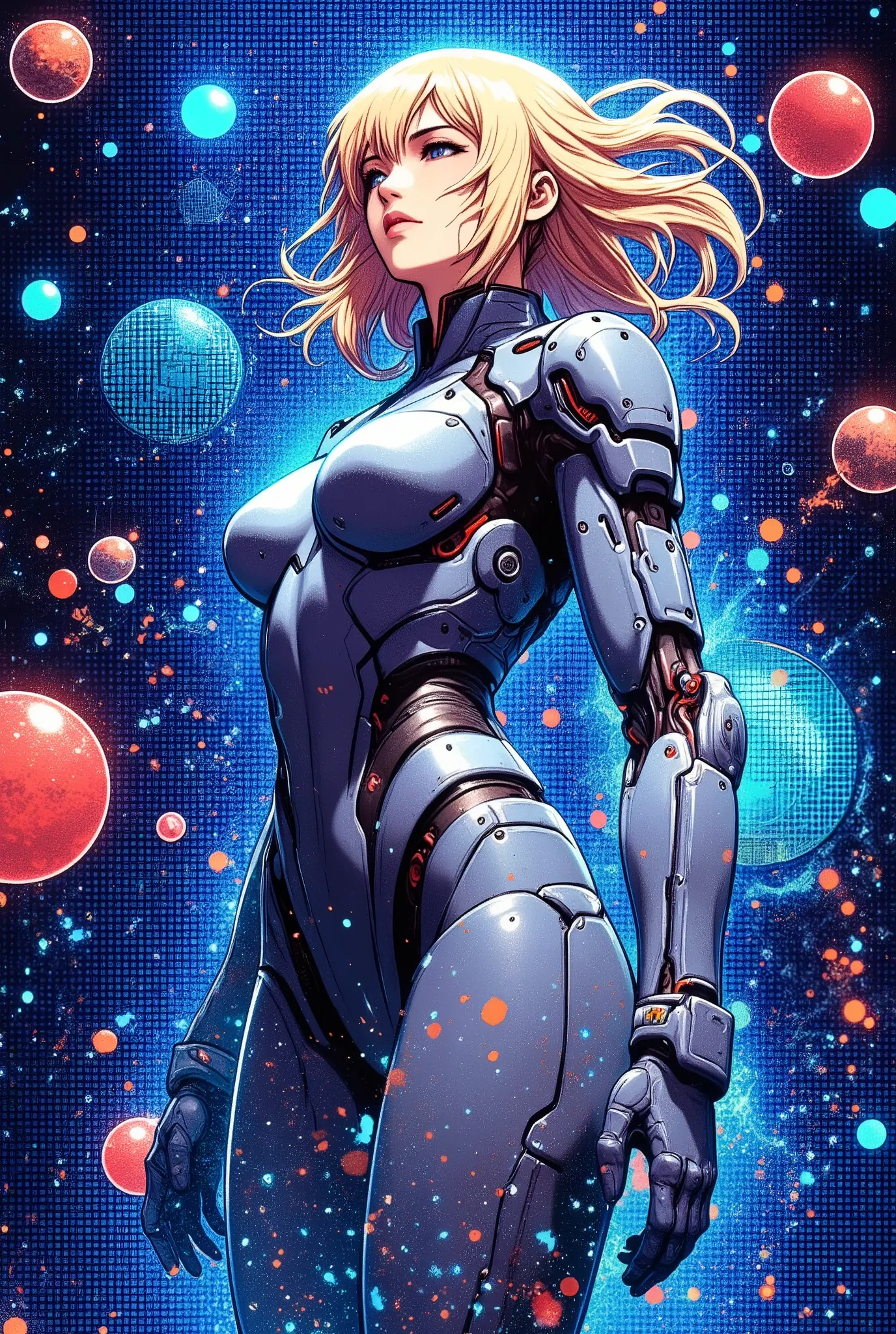 (masterpiece, best illustration,Super detailed),( android woman),(front:2.0),( beautiful face),( beautiful eyes),(Women jump dynamically:2.0),( face up :2.0),( hair that flutters like:2.0),( The background is a blue hologram with a large blue check pattern),(Neon colored planetary groups in the background:2.0),(The background and the woman overlap seamlessly :2.0),(Double Exposure:2.0)