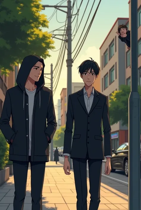 A korean manhwa-style animation scene of upscale neighborhood in Seoul. A fair skinned black hair korean idol Mingyu is dressed in a sleek and stylish K-pop idol outfit, smiling as he walks. stepping out of his apartment building with his guy manager. Ming...