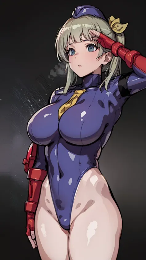 1 girl,NSFW,kotori minami ,(lovelive),clavicle, absurd, brainwashing,Combatant, empty eyes,((purple glowing eyes 1.5)),  huge breasts , No expression, emotions removed,(black shadaloo suit),look away , whole body shape, ((stand up, salute)),(highest qualit...