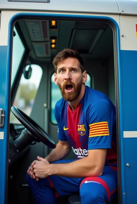 "A humorous and unexpected scene featuring a soccer player Leonel Messi in a blue and red Barcelona uniform, seated in the drivers cabin of a train. His wide-eyed, astonished expression adds a comedic element, as if caught in a surprising or intense moment...