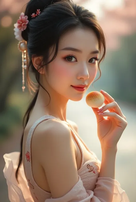 close-up of beautiful japanese woman, hair tied, wearing dress floral motif, holding dango, bokeh background, UHD, dress luxury, on road background, smile, adjust cloth, adjust, realistic, realism, shiny skin, full body look, change pose to sexy poses, non...