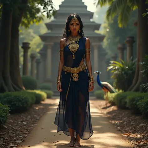 violent looking woman named Draupadi in traditional navy  Indian dress with a red bindi on her head, standing barefoot, wearing gold anklets standing on a road with temples and shady trees on the side of the road, a flat, worn face with a fierce expression...