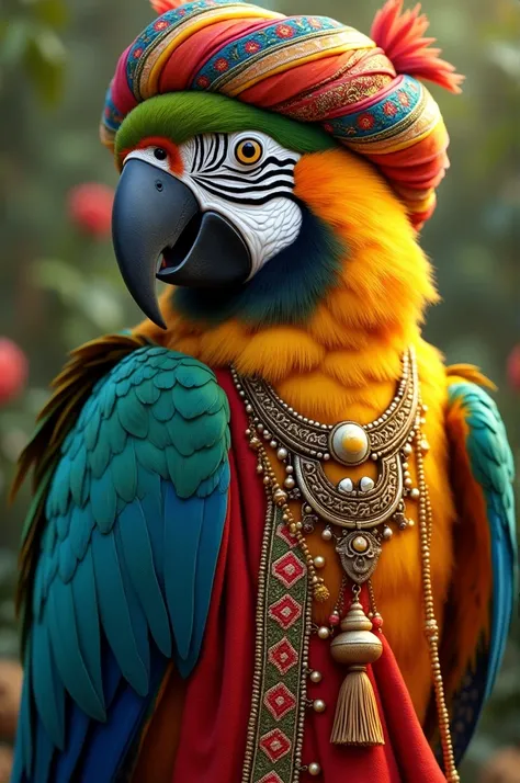 A parrot with a turban on its head and earrings in its ears Dressed in a Punjabi shalwar kameez